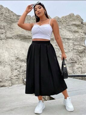 SHEIN Black Pleated High-Waist Midi Skirt